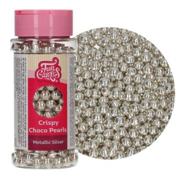 Perle di cioccolato croccante color argento metallizzato FunCakes in confezione da 60 g, ideali per decorazioni dolci.